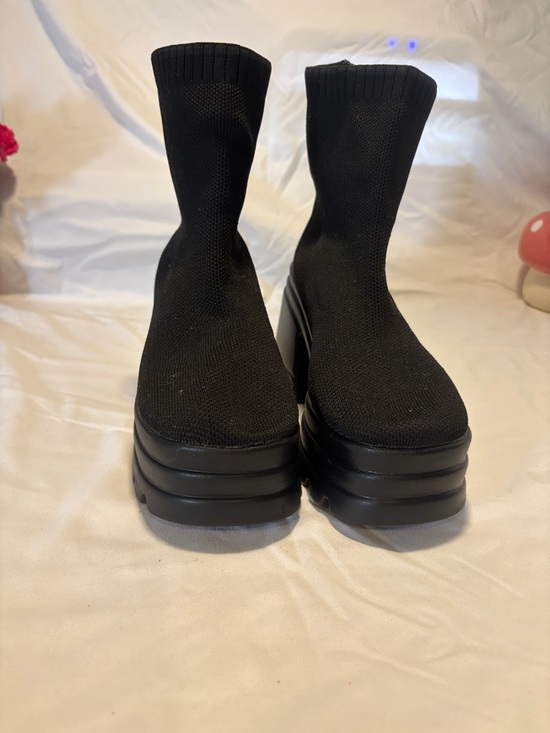 Shoes - Black Platform Sock Boots - Women's Modern Chunky Heel
